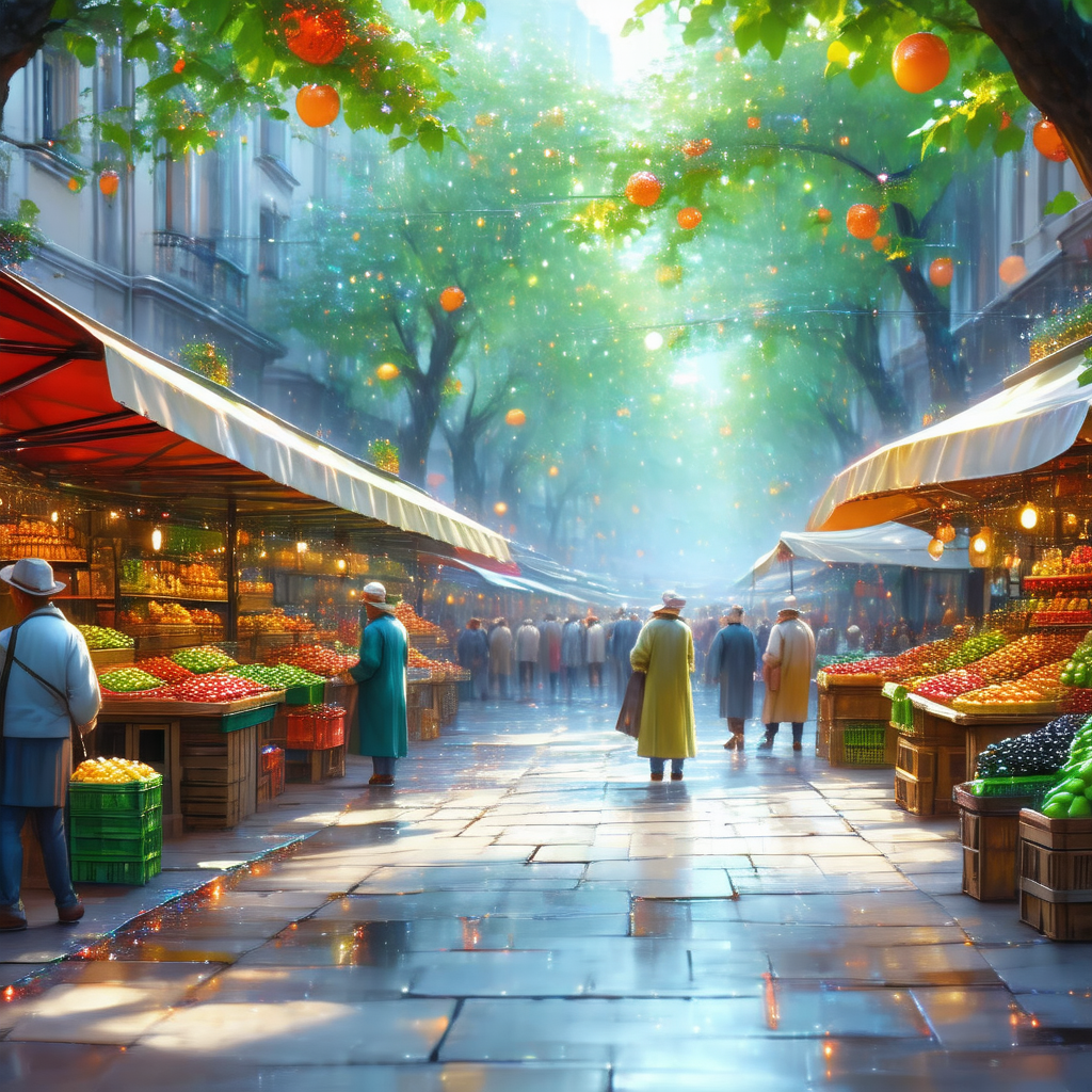 Bustling market scene with a large crowd of people walkin...