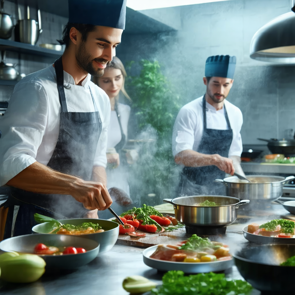 Group of chefs working together in a large, well-equipped...