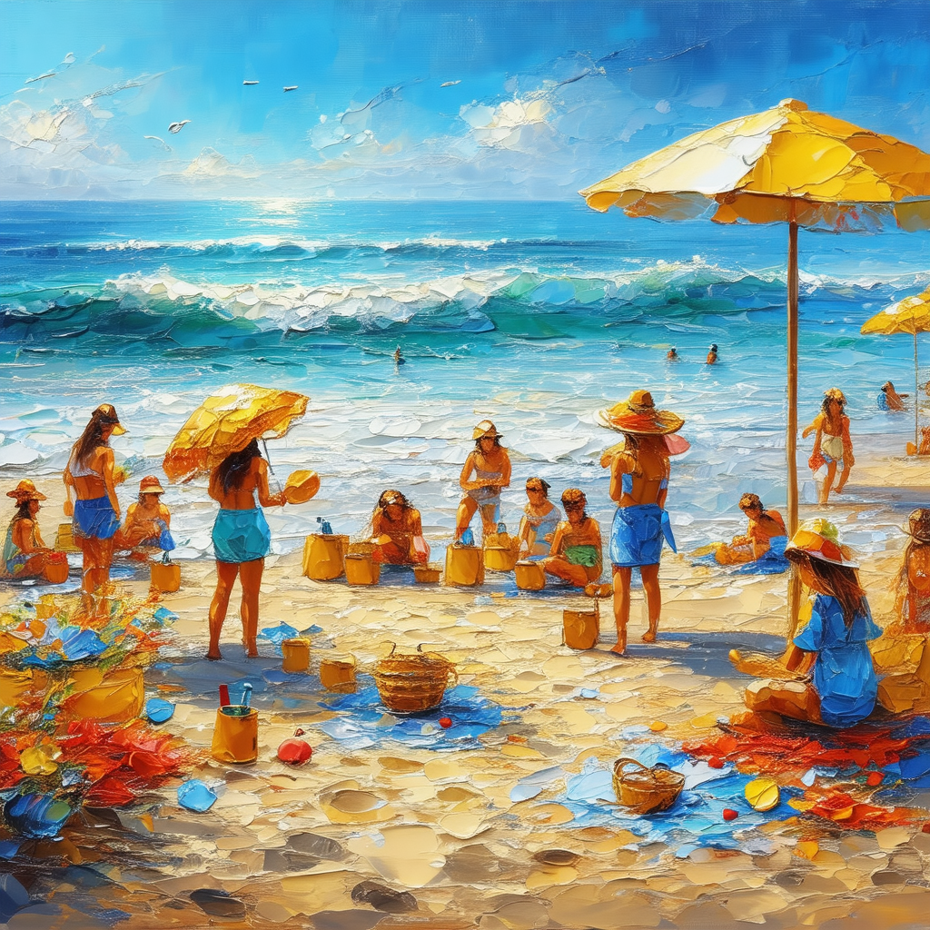 Lively beach scene with a large group of people enjoying ...