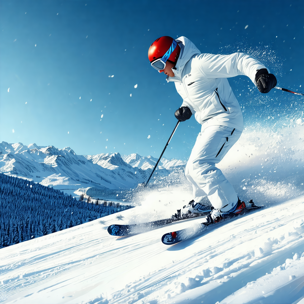 Captures a man skiing down a snow-covered slope