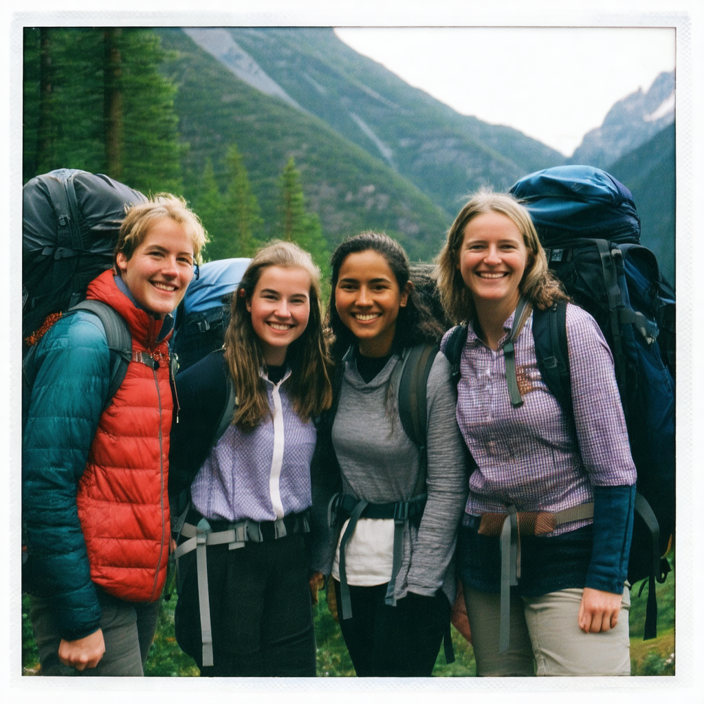 Group of four women standing together in a mountainous area