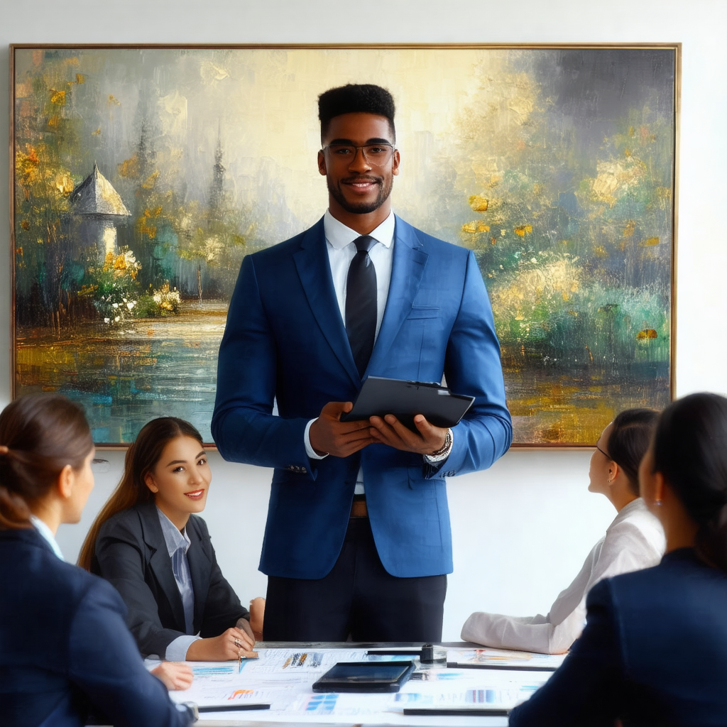 Man wearing a blue suit and tie standing in front of a gr...
