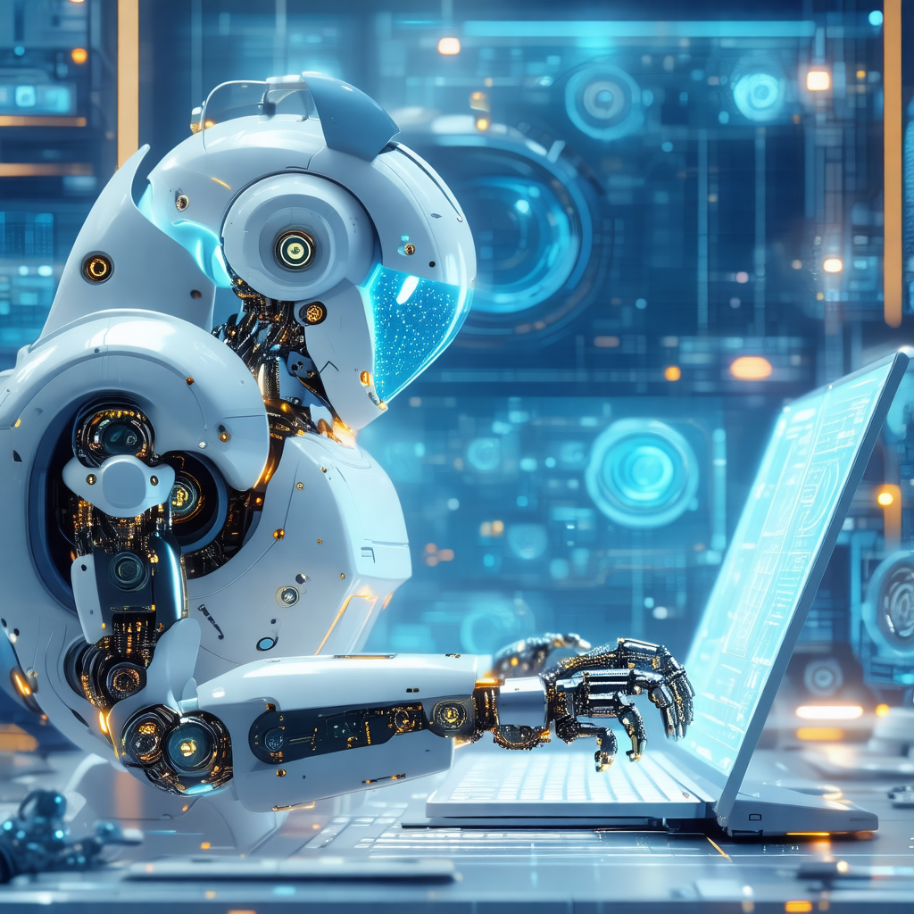 Robot with a white body, sitting in front of a laptop com...