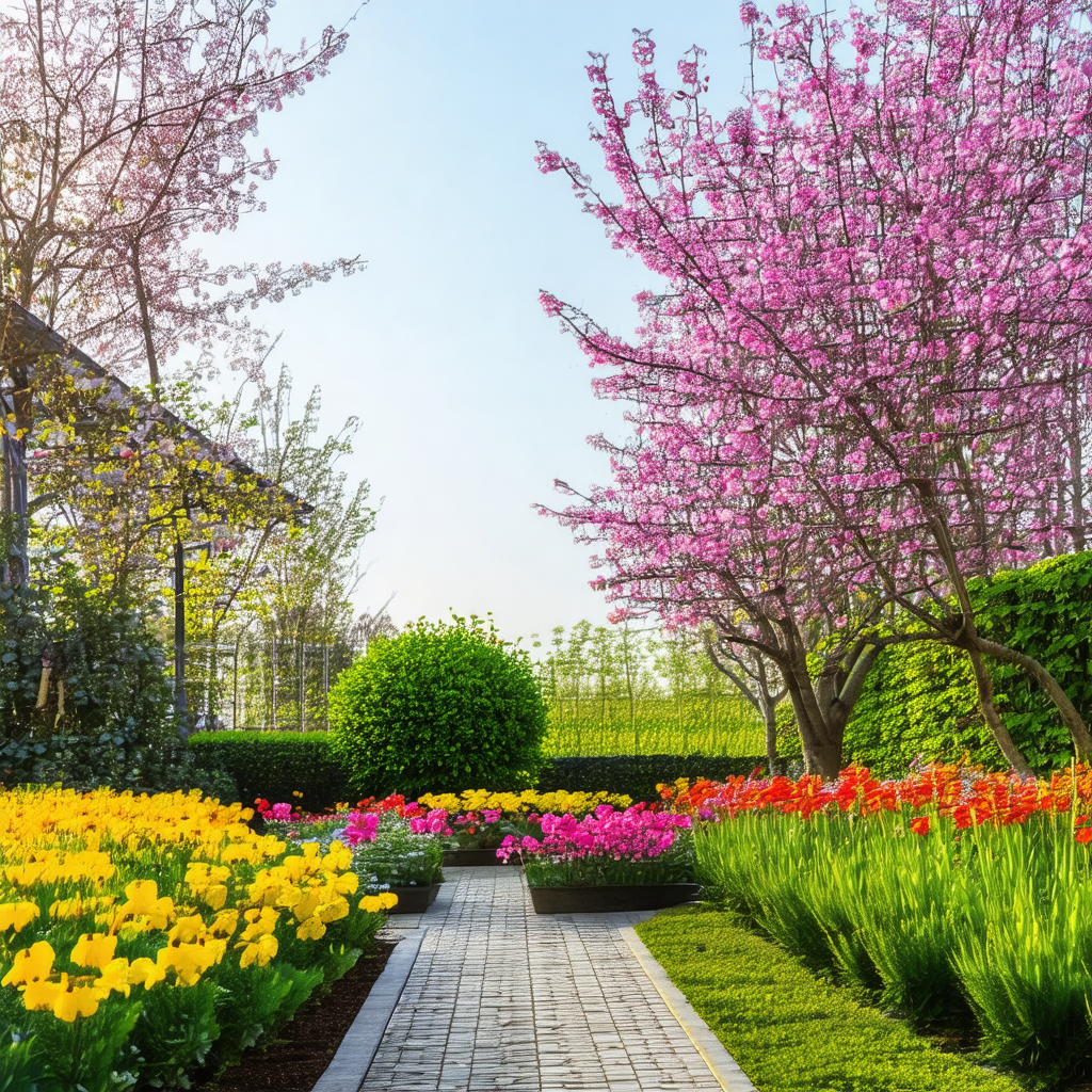 Beautiful garden with a variety of flowers and trees