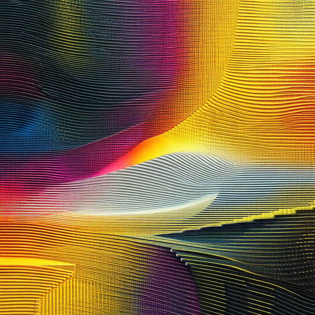 Colorful abstract painting featuring a mix of yellow, blu...