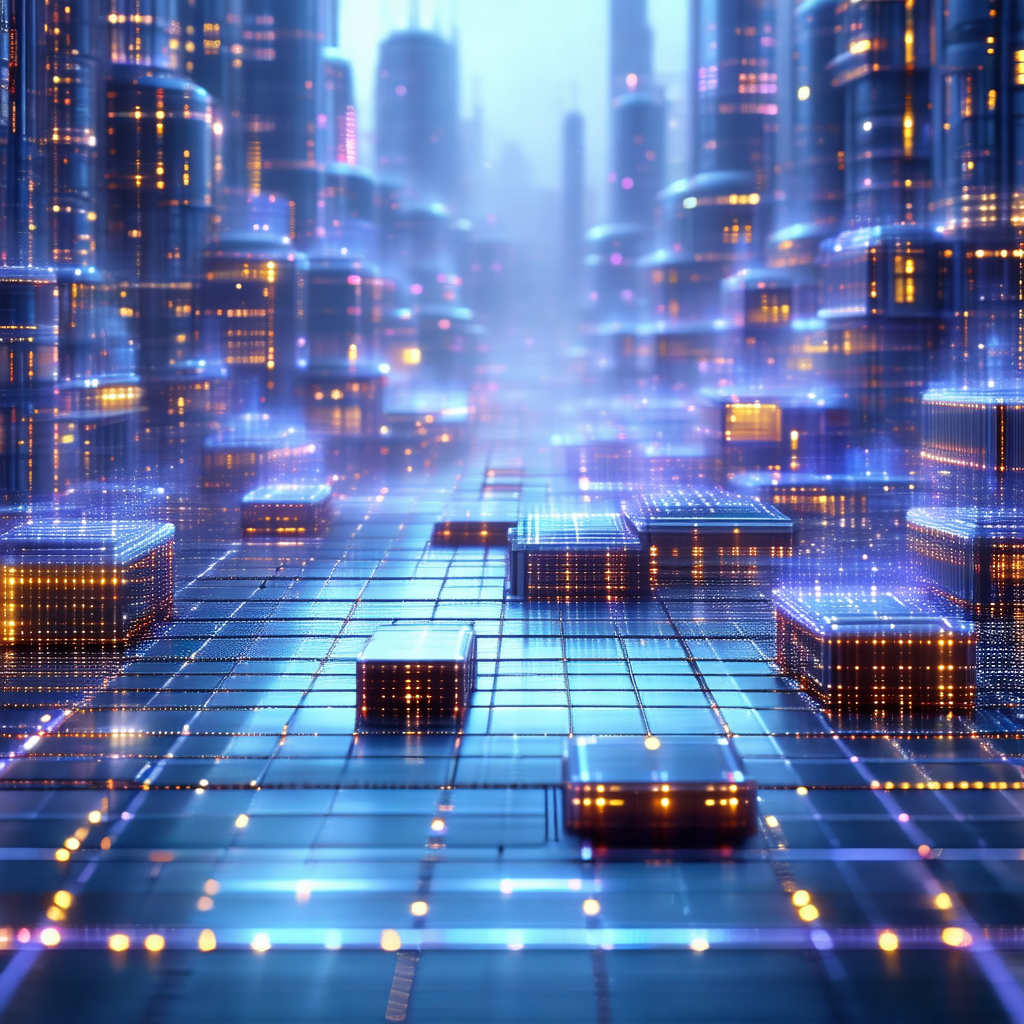 Futuristic cityscape with a blue and purple color scheme