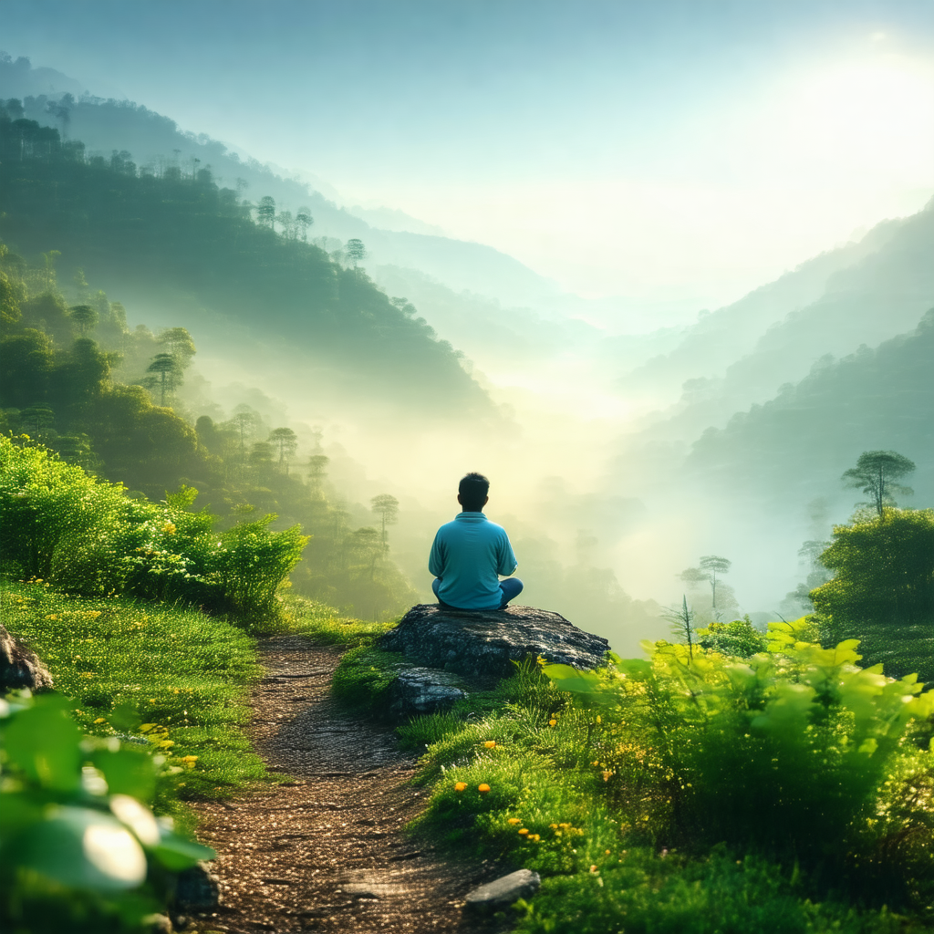 Man sitting on a rock in a lush green forest