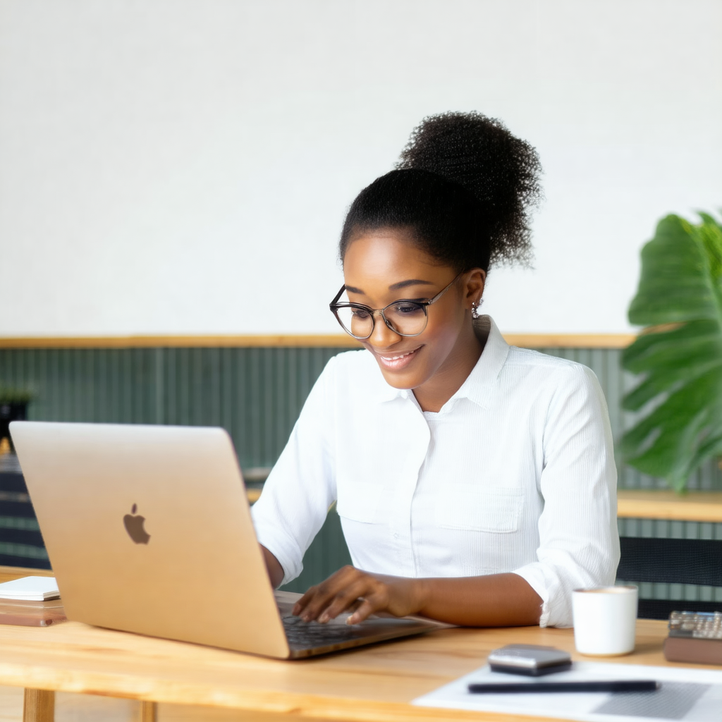 Woman sitting at a desk, working on her laptop