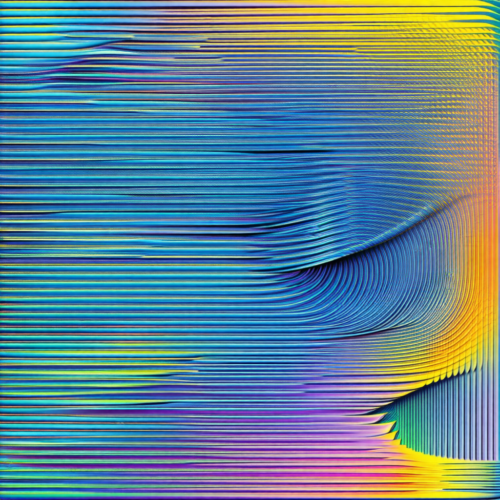 Colorful, abstract art piece featuring a blue, yellow, an...