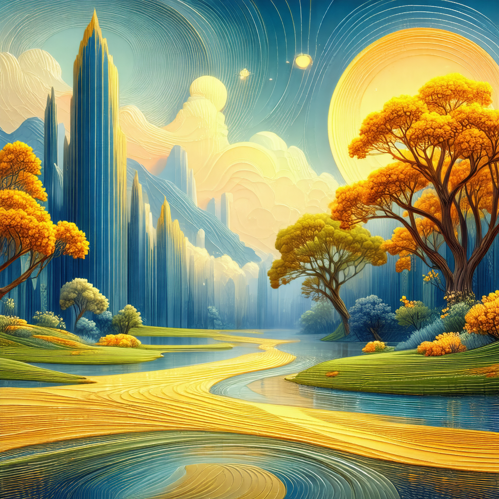 Painting of a beautiful landscape featuring a river flowi...