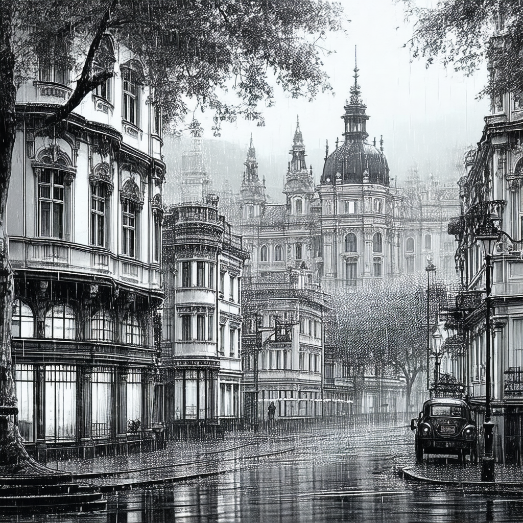 Black and white photo of a city street on a rainy day