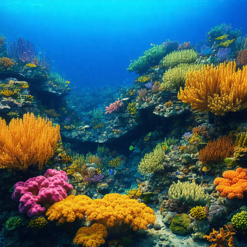 Showcases a vibrant underwater scene with a variety of co...