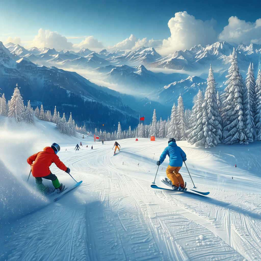 Snowy mountain slope with two skiers gliding down the slope