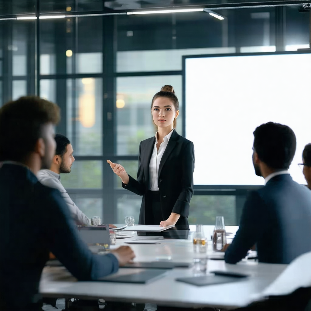 Woman standing in front of a group of people, giving a pr...