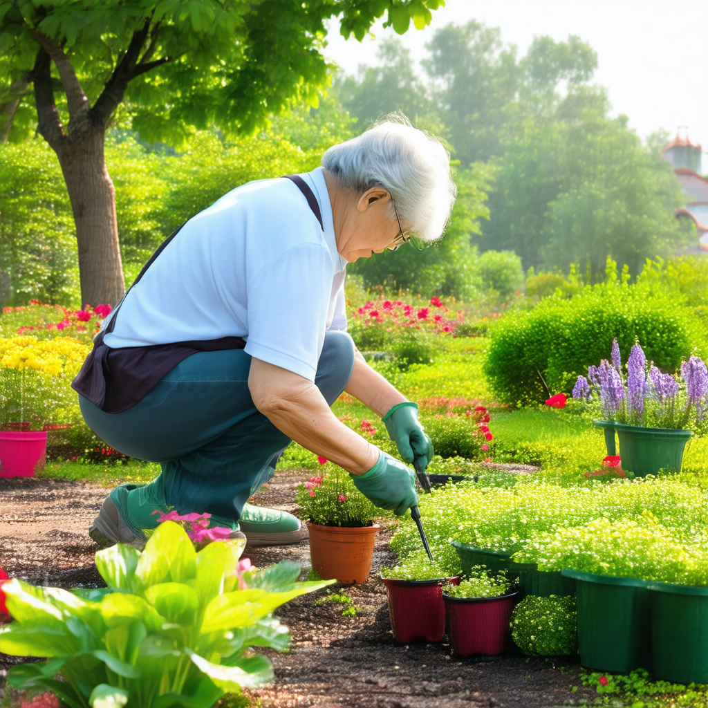 Older woman kneeling down in a garden, tending to a varie...