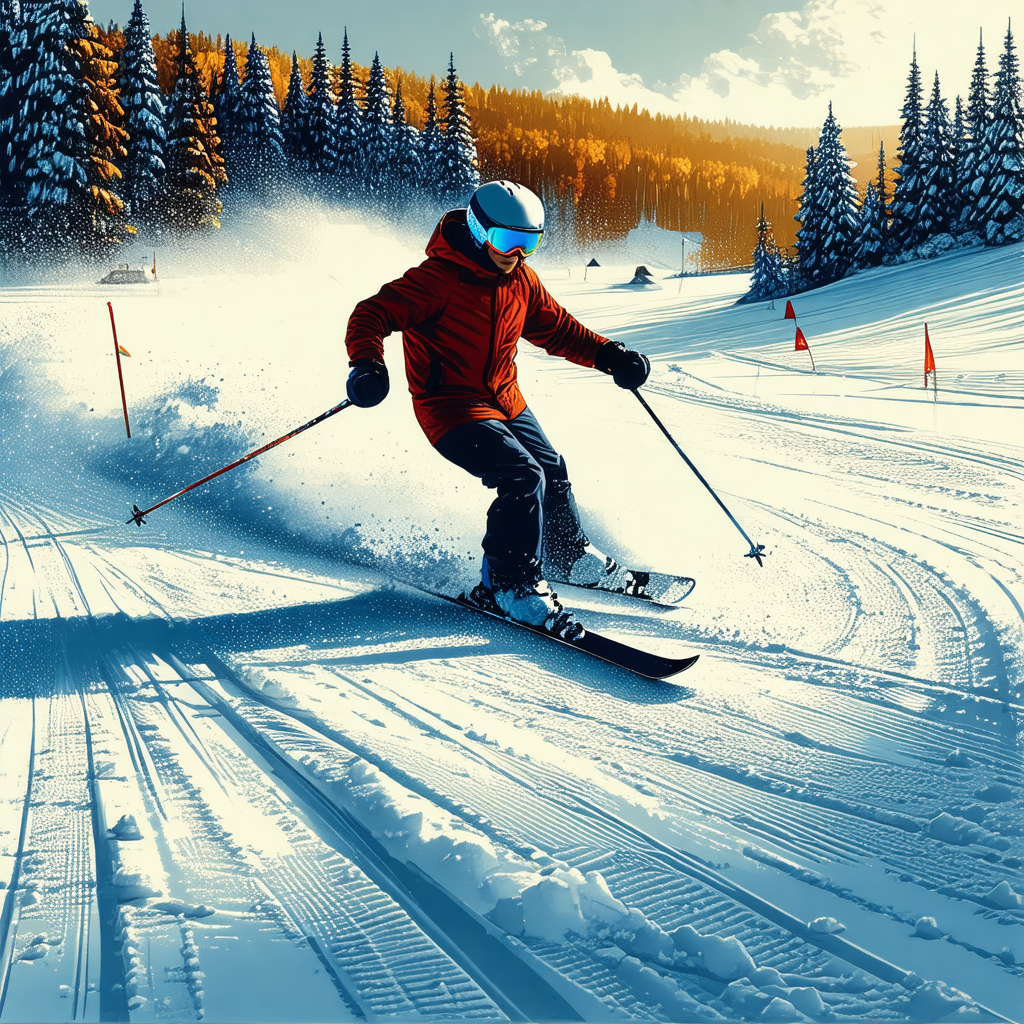 Painting of a man skiing down a snowy slope