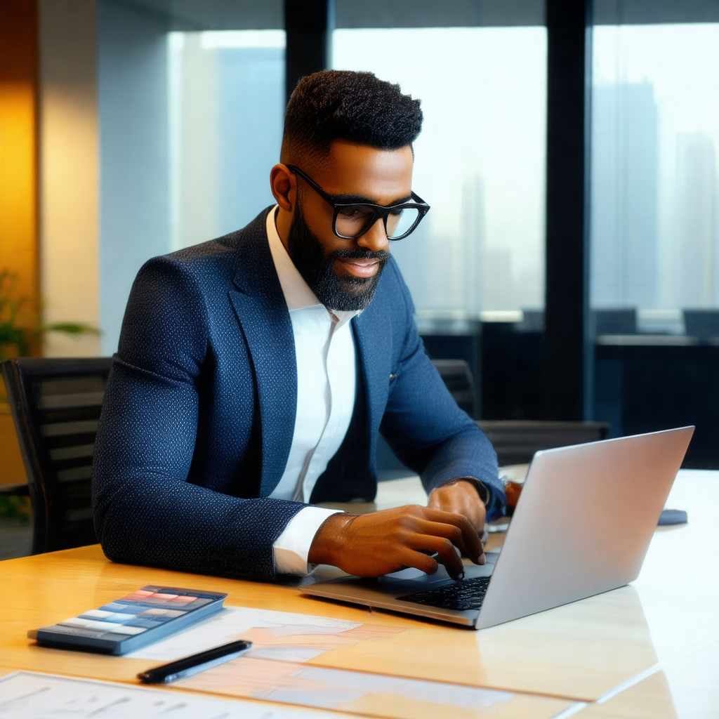Man wearing a suit and tie, sitting at a desk and working...