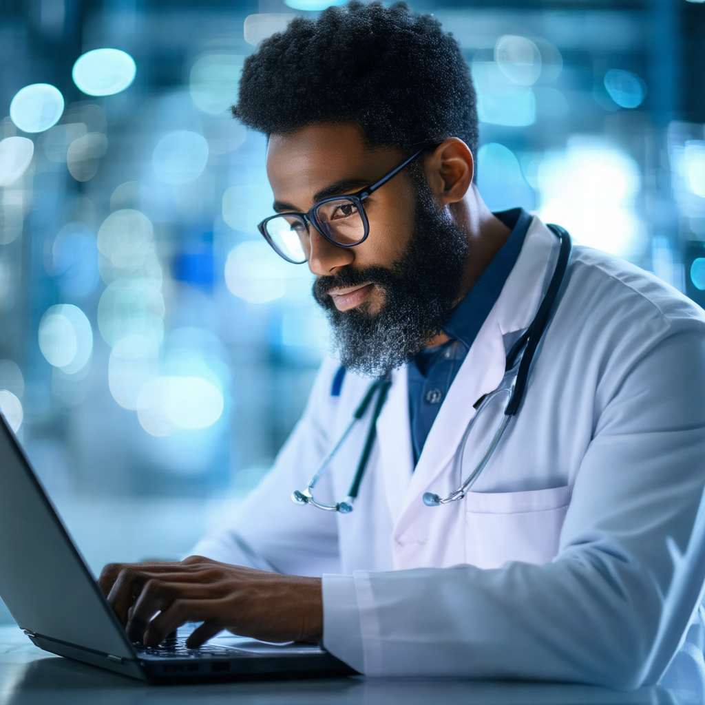 Man wearing a white lab coat, sitting at a desk and worki...