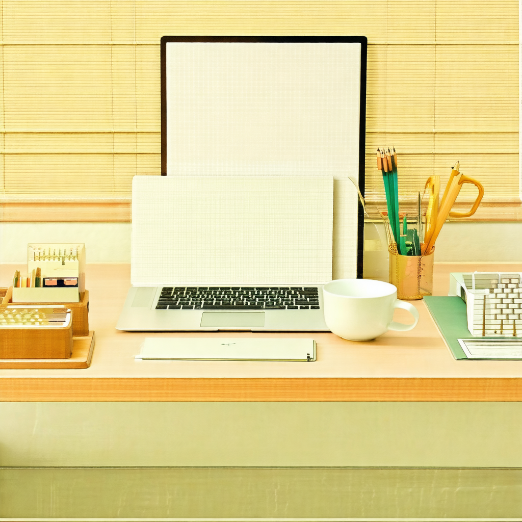 Desk with a laptop computer and a cup of coffee