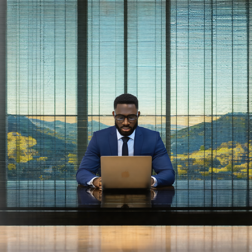 Man wearing a suit and tie, sitting at a desk and working...