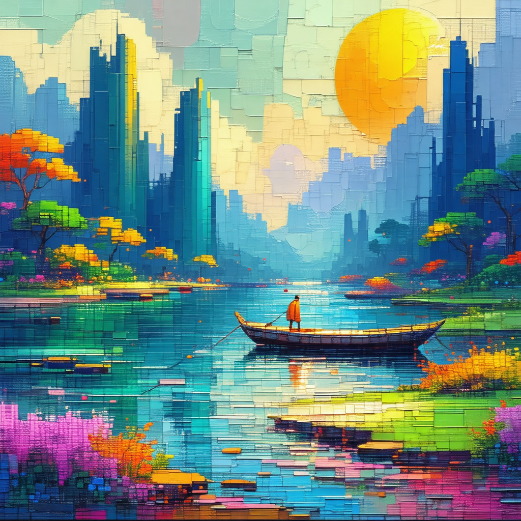 Man in a boat, paddling down a river