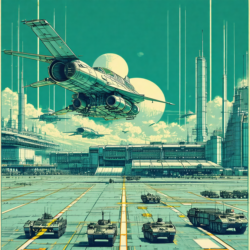 Futuristic scene featuring a large spacecraft flying over...