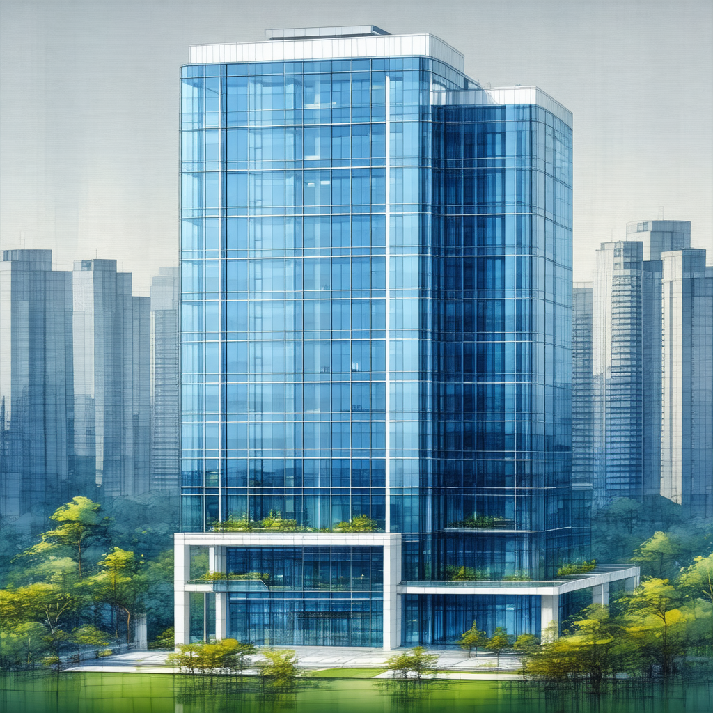 Drawing of a large blue building with many windows