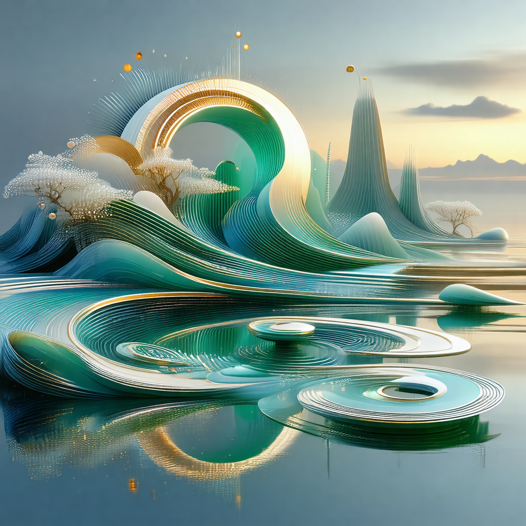 Digital artwork featuring a large, curved, and colorful s...