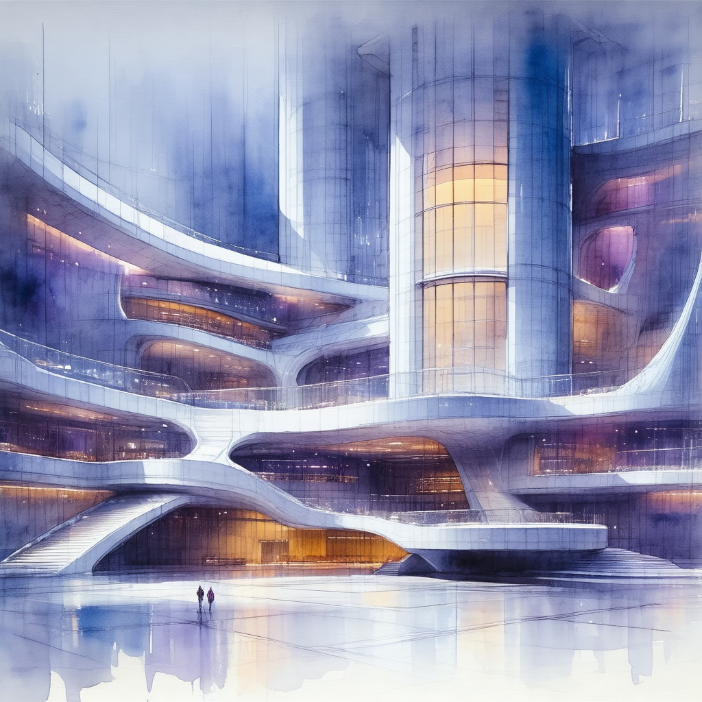 Painting of a large, modern building with a large glass w...