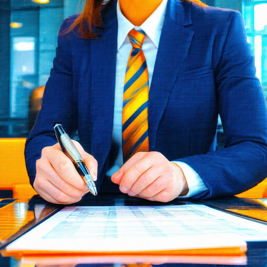 Woman wearing a suit and tie, sitting at a desk and writi...