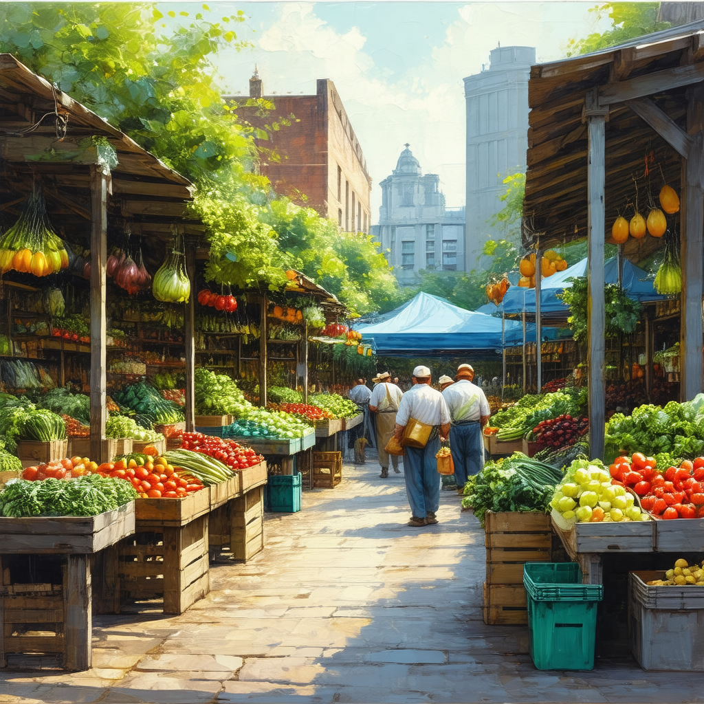 Bustling farmers market with a variety of fresh fruits an...