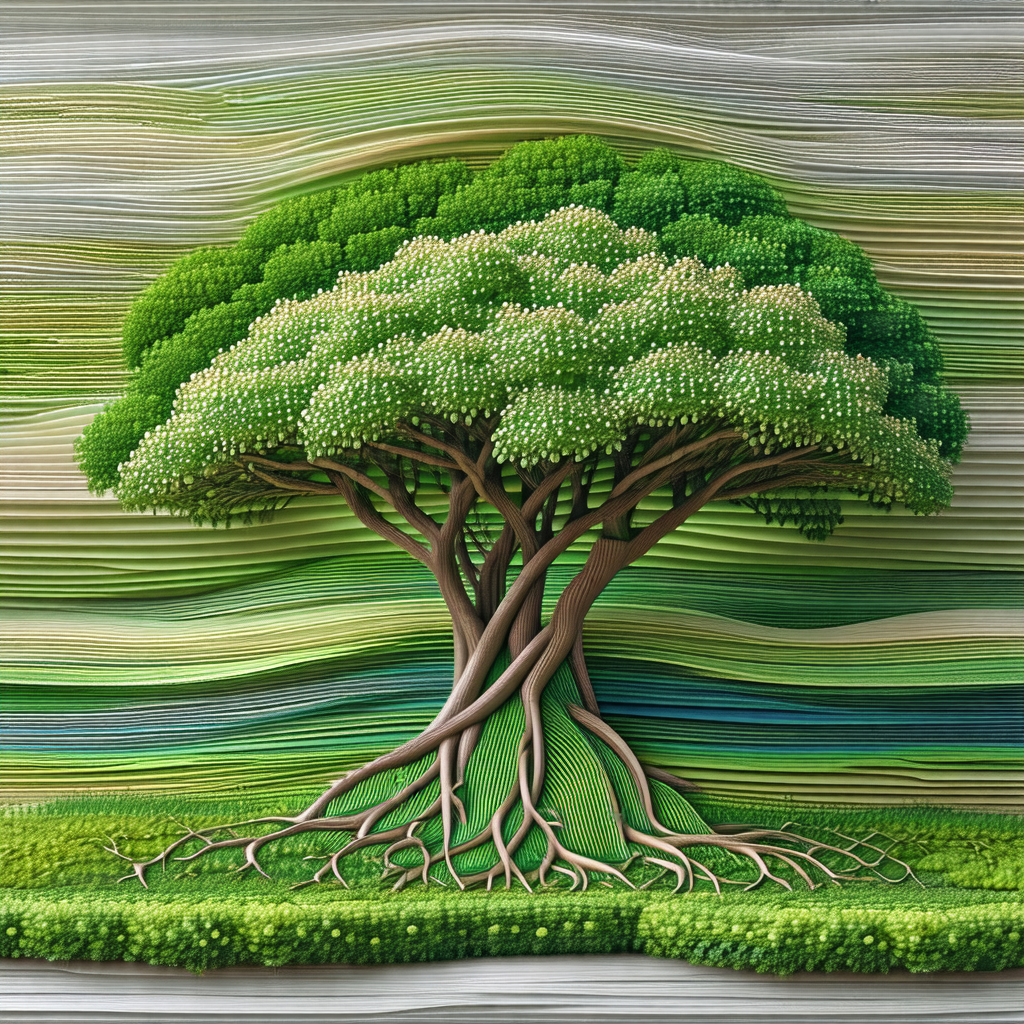Large tree with a long, curved trunk and a few branches