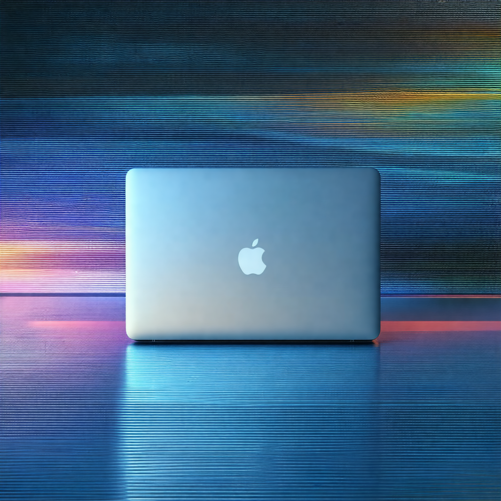 Blue apple laptop computer sitting on a blue surface