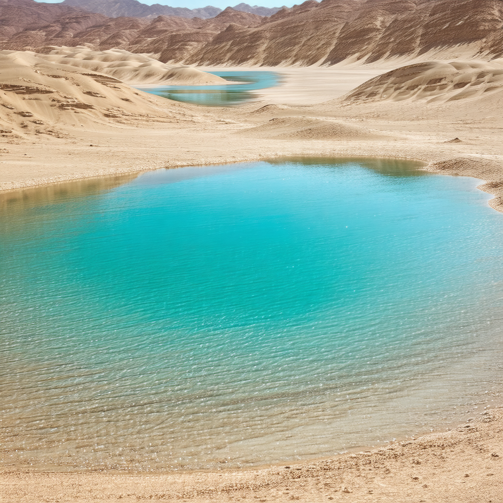 Large body of water, possibly a lake, surrounded by a des...