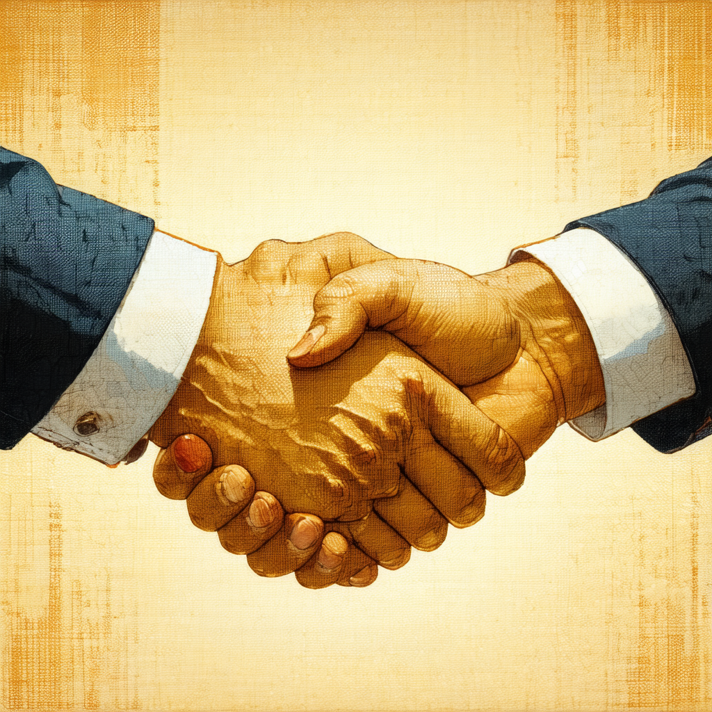 Two men are shaking hands in a warm and friendly manner