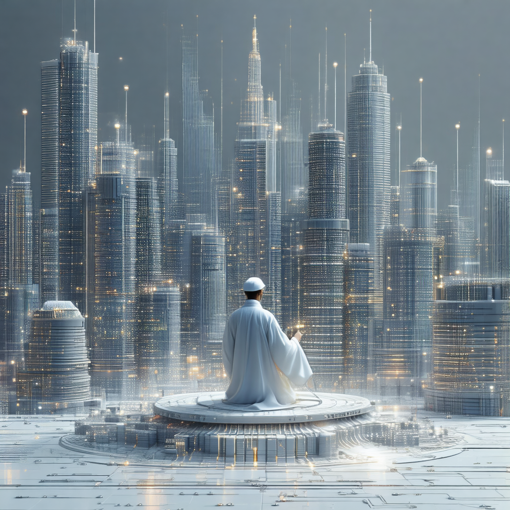 Futuristic cityscape with a large, illuminated building i...