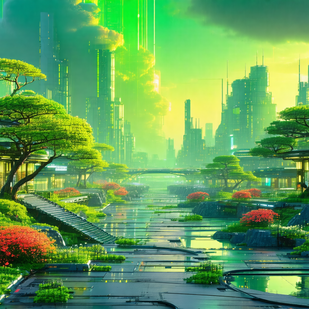 Futuristic cityscape with a large body of water in the mi...