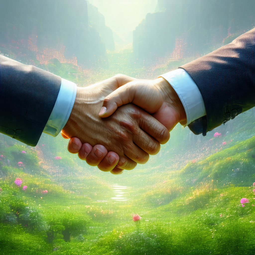 Two men are shaking hands in a lush green field