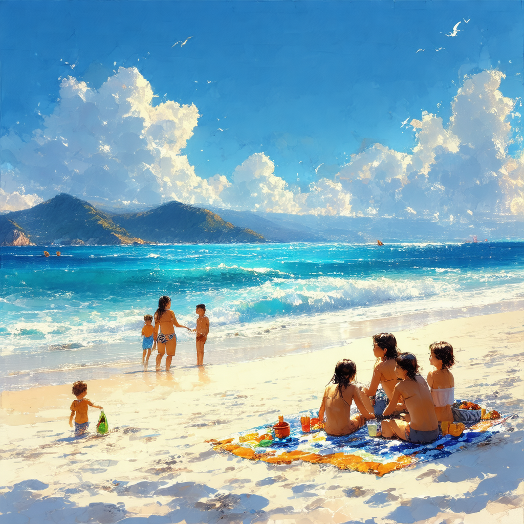 Lively beach scene with a group of people enjoying their ...