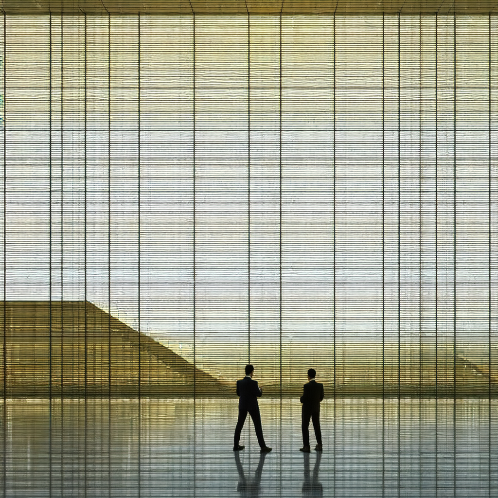 Two men standing in a large, open room with a glass wall