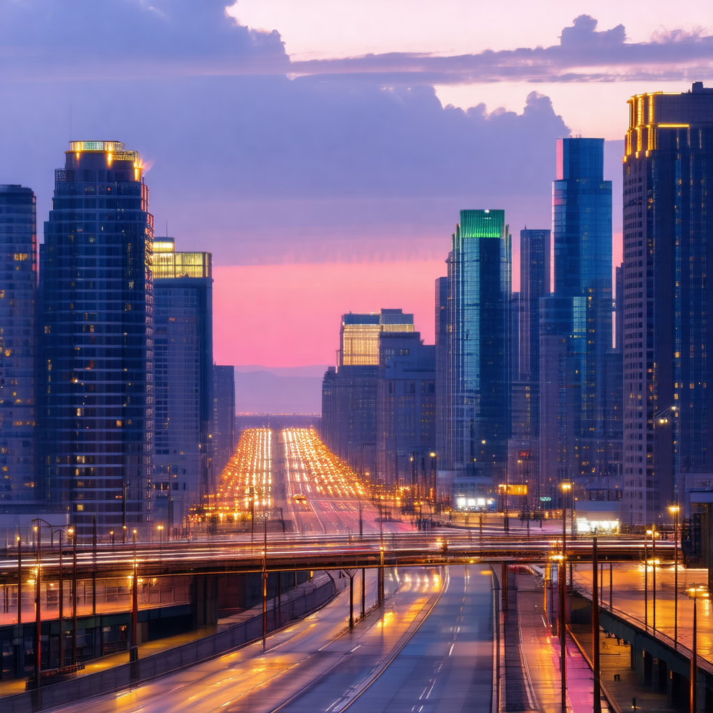 Captures a beautiful cityscape at dusk, with a long road ...