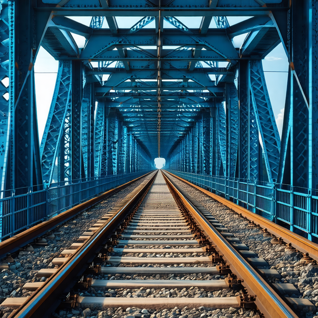 Train traveling on a blue bridge, with the train tracks r...