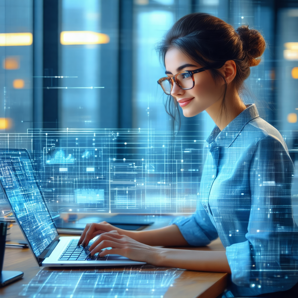 Woman sitting at a desk, working on a laptop computer