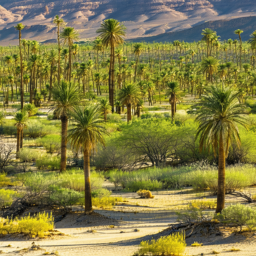 Lush green palm tree forest with a sandy beach nearby