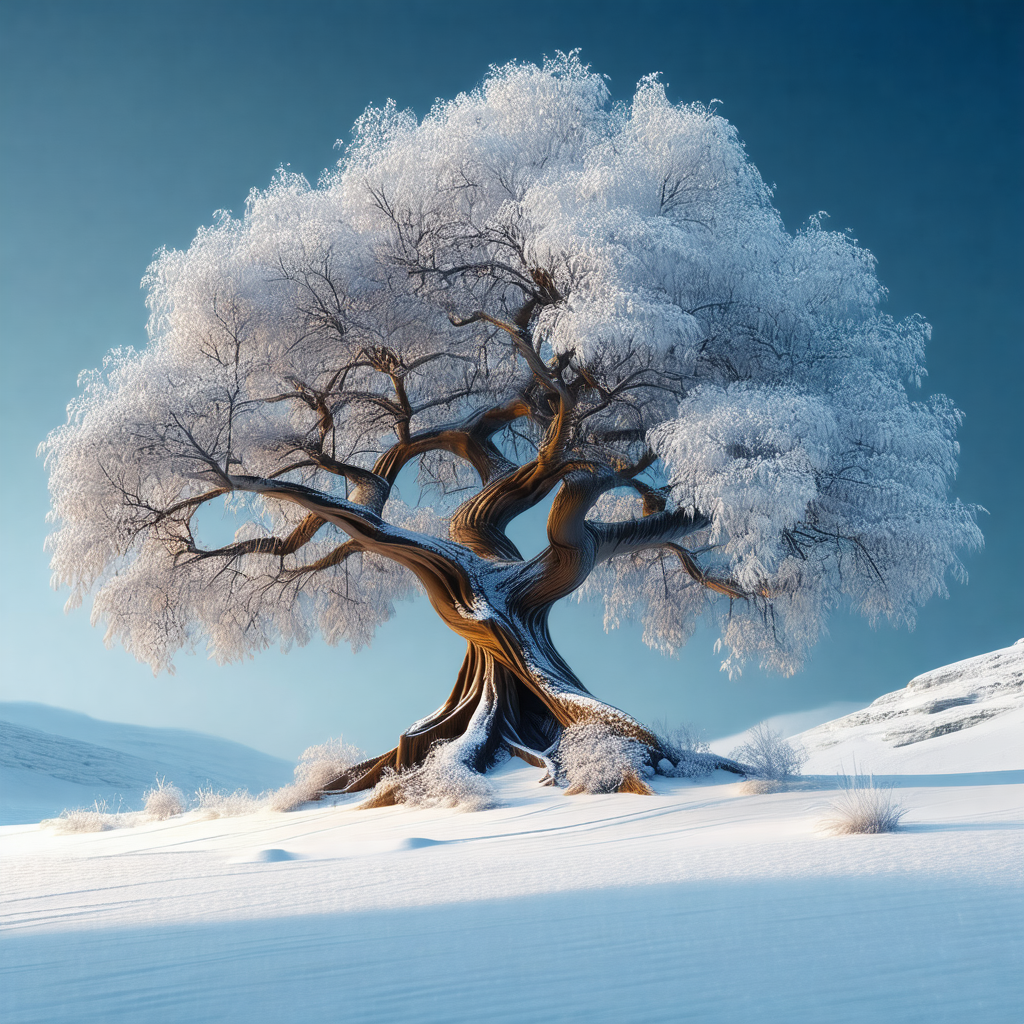Snow-covered tree with a large, gnarled trunk