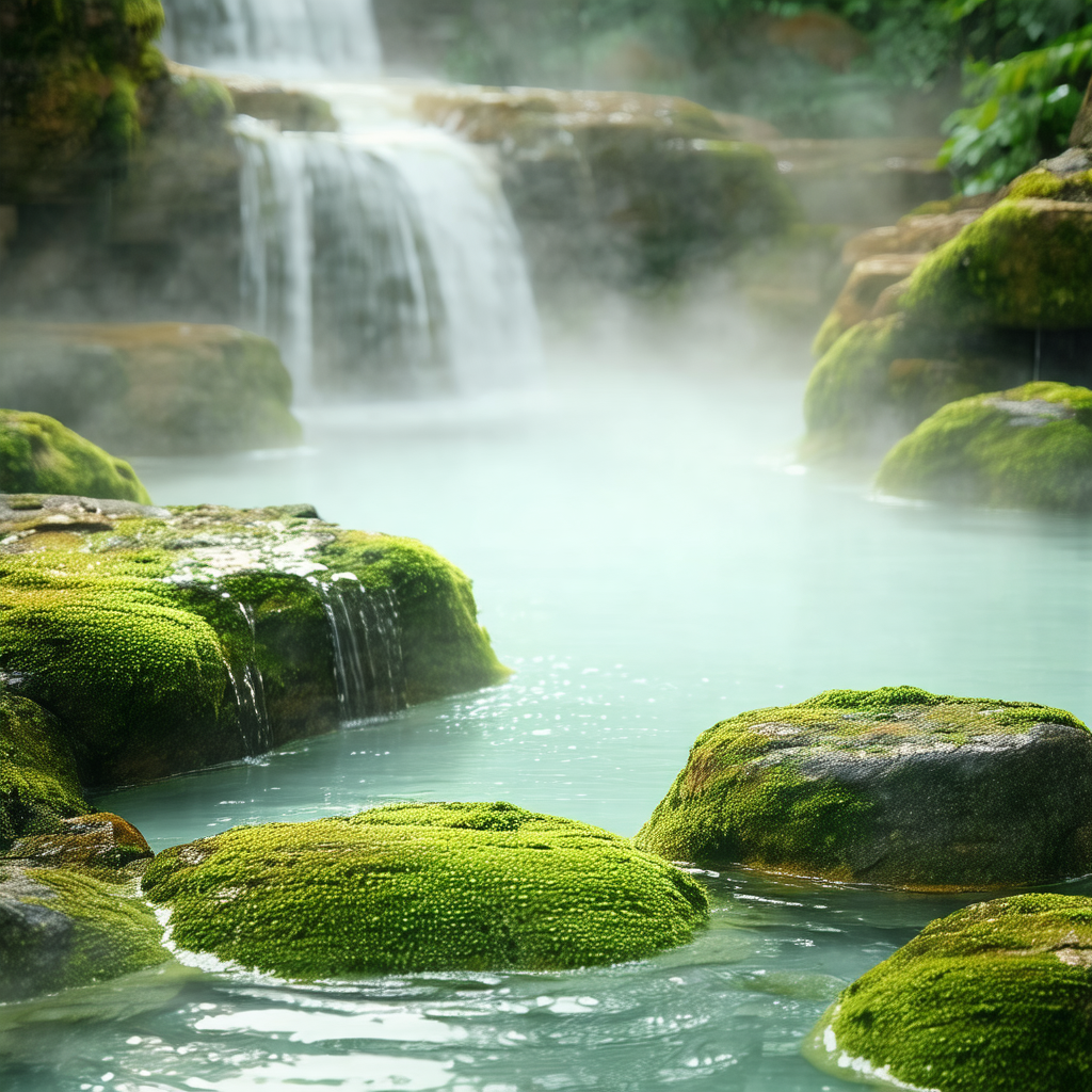 Beautiful waterfall surrounded by lush green moss and rocks