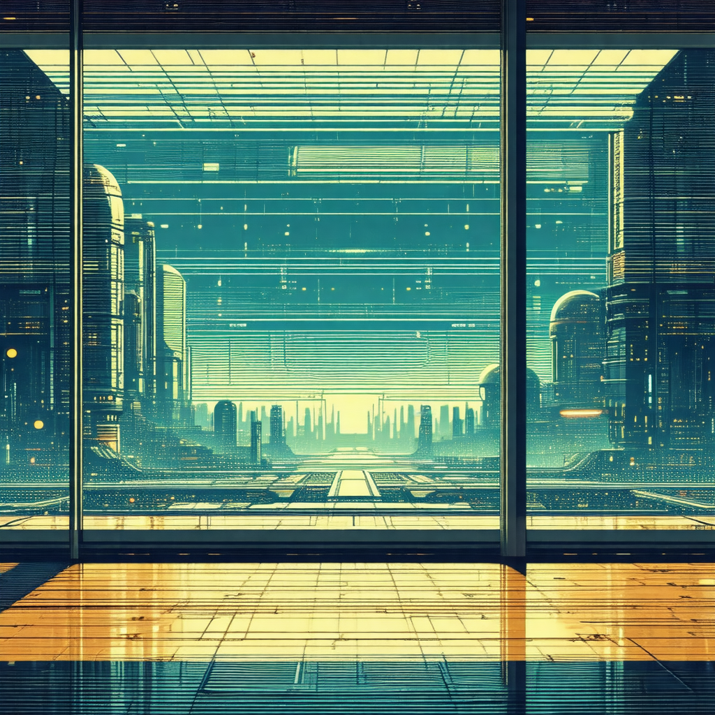 Futuristic cityscape with a large building in the background