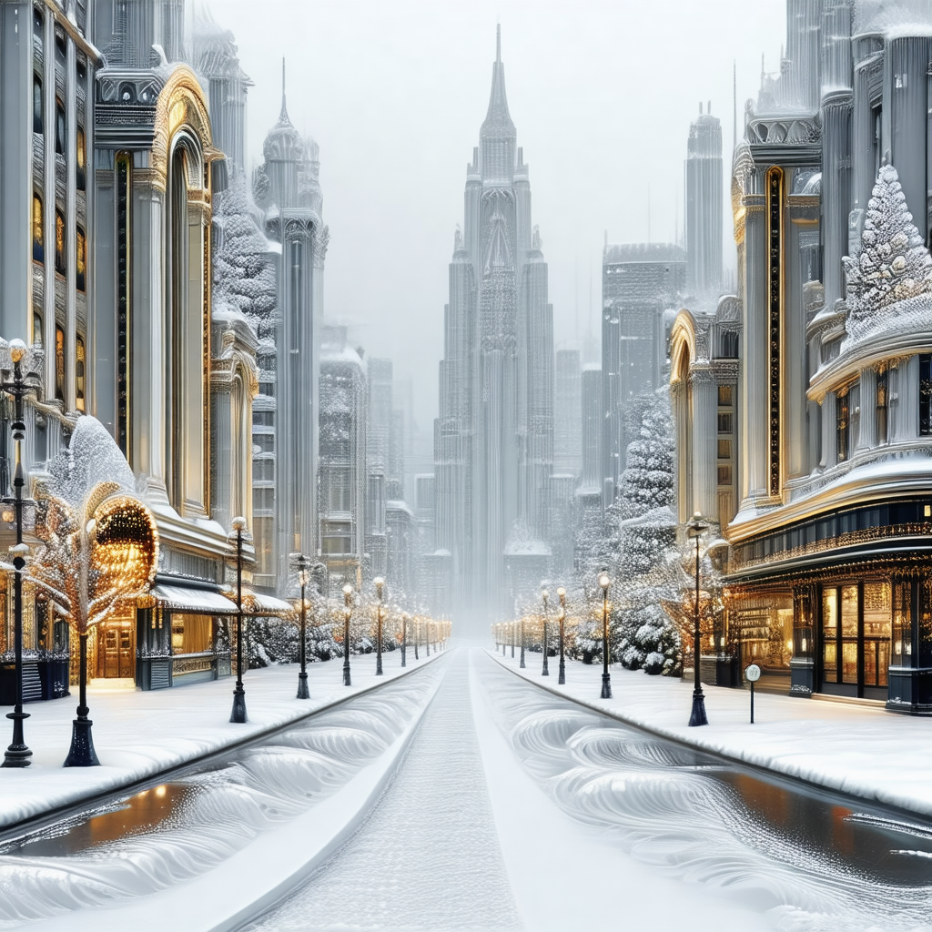 Snowy city street with a row of buildings on one side and...