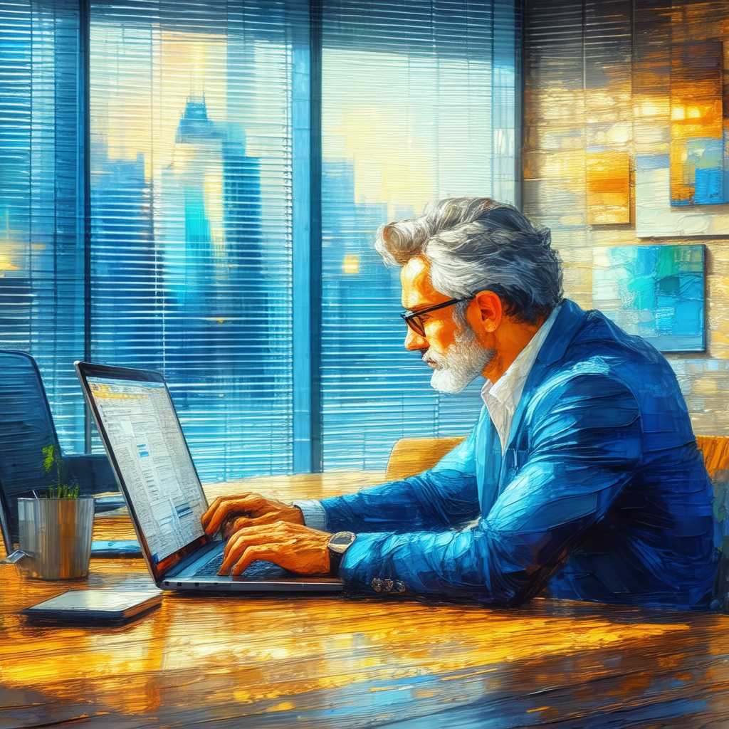 Man sitting at a desk, working on a laptop computer