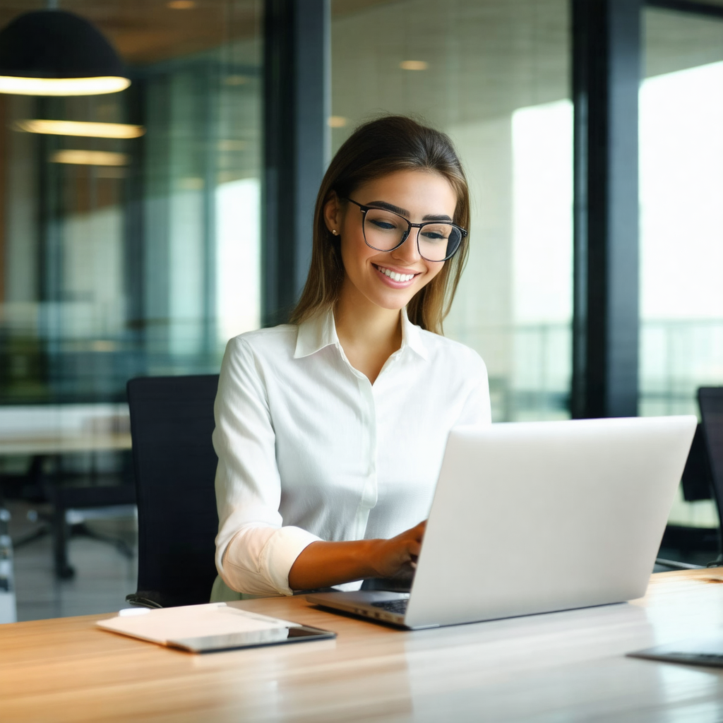 Woman sitting at a desk, working on a laptop computer